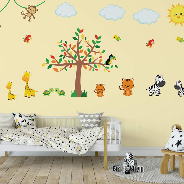 Cheerful Jungle Animal Safari Wall Decals in a Childrens Bedroom Setting Showcasing Vibrant Colors and Whimsical Designs - YP1210