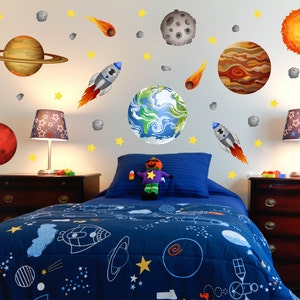 Outer Space Room Planet Wall Decals Kids Wall Stickers Peel Stick Removable Vinyl Wall Art Kids Bedroom Nursery Baby Room Classroom YP1440