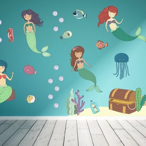 Ocean Mermaid Baby Shower Birthday Animal Whale Fish Decals Kids Wall Stickers Peel Stick Removable Vinyl Wall Kids Bedroom Nursery YP1502