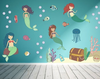 Ocean Mermaid Baby Shower Birthday Animal Whale Fish Decals Kids Wall Stickers Peel Stick Removable Vinyl Wall Kids Bedroom Nursery YP1502