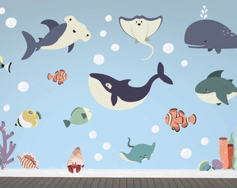 Ocean Animal Whale Fish Wall Decals Kids Stickers Peel Stick Removable Vinyl Wall Art for Kids Bedroom Nursery Baby Room Classroom YP1434