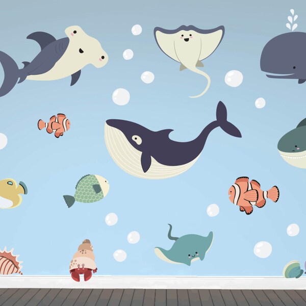 Ocean Animal Whale Fish Wall Decals Kids Stickers Peel Stick Removable Vinyl Wall Art for Kids Bedroom Nursery Baby Room Classroom YP1434