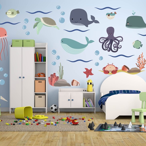 Ocean Animal Whale Fish Wall Decals Kids Wall Stickers Peel and Stick Removable Vinyl Art Kids Bedroom Nursery Baby Room Classroom YP1522