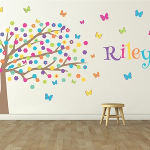 Tree Butterfly Flower Wall Decals Kids Wall Stickers Peel and Stick Removable Vinyl Wall Bedroom Nursery Baby Room Classroom YP1297