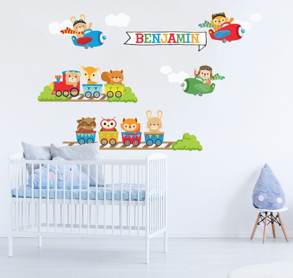 Kids Bedroom Wall Decals Nursery Wall Decals Animal Train Wall Decal Name Wall Decal Train Nursery Decals Plane Wall Decals