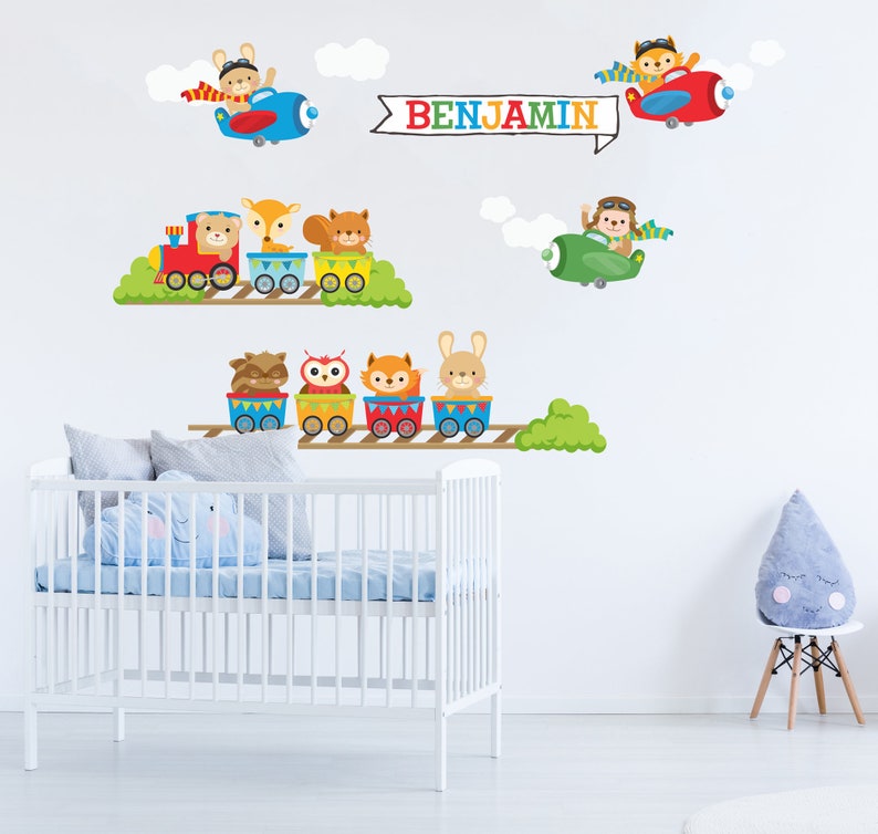 Kids Bedroom Wall Decals Nursery Animal Train Decal Name Plane