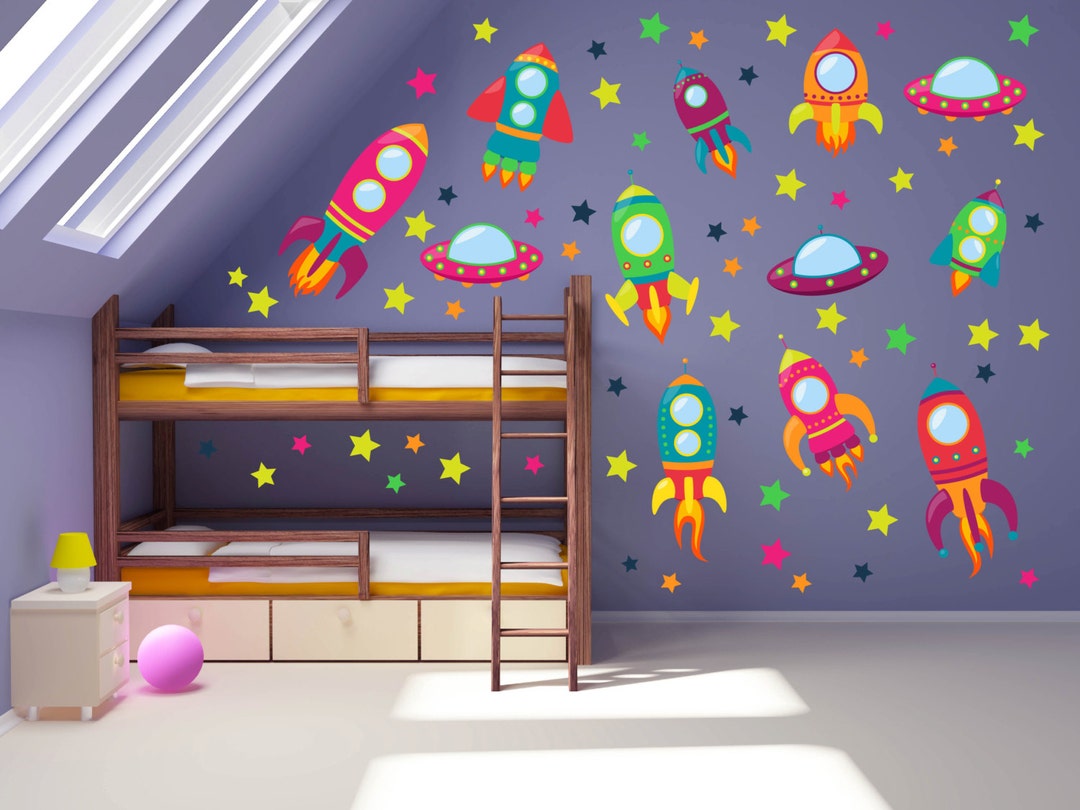 Outer Space Rocket Planet Wall Decals Kids Stickers Peel Stick ...
