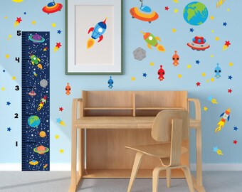 Outer Space Rocket Growth Chart Wall Decals Kids Stickers Peel Stick Removable Vinyl Art Kids Bedroom Nursery Baby Room Classroom YP1526