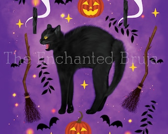 Holographic Halloween spooky halloween cat art Print