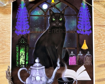 Tea time, black cat art (print).