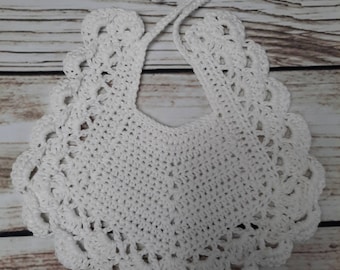 Hand Crocheted baby bib in 100% Cotton yarn. Antique/vintage white. Heirloom baby gift. Christening gift. Comes gift-wrapped.