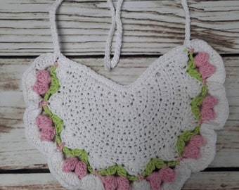 Hand Crocheted baby bib in 100% Cotton yarn. White with pink crochet flowers. Heirloom baby gift. Comes gift-wrapped.