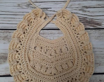 Hand Crocheted baby bib in 100% Cotton yarn. Ecru. Heirloom baby gift. Christening gift. Comes gift-wrapped.