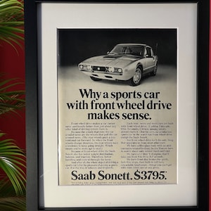 Anúncio impresso vintage original da Saab Sonett Automobile da década de 1970, revista Playboy, anúncio de carro de 1972, decoração de memorabilia automotiva, decoração de parede