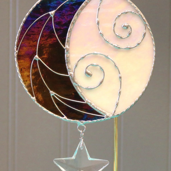 Stained Glass Moon Shadow With Crystal Star. Crescent Moon Wall or Centerpiece Decoration