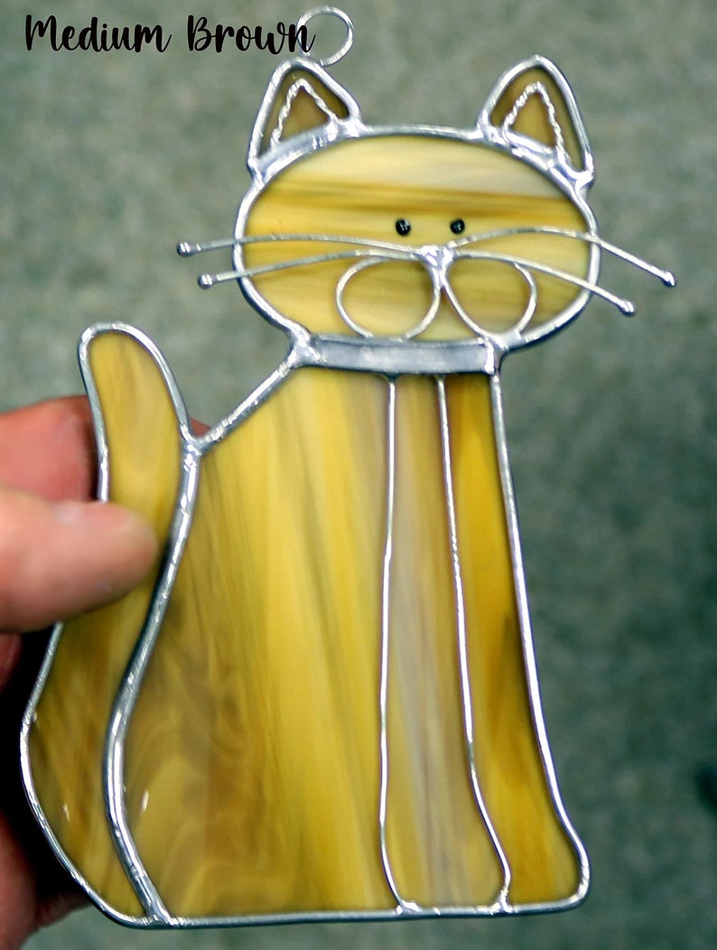 Stained Glass Sitting Cat Suncatcher // Tan Black Very Etsy