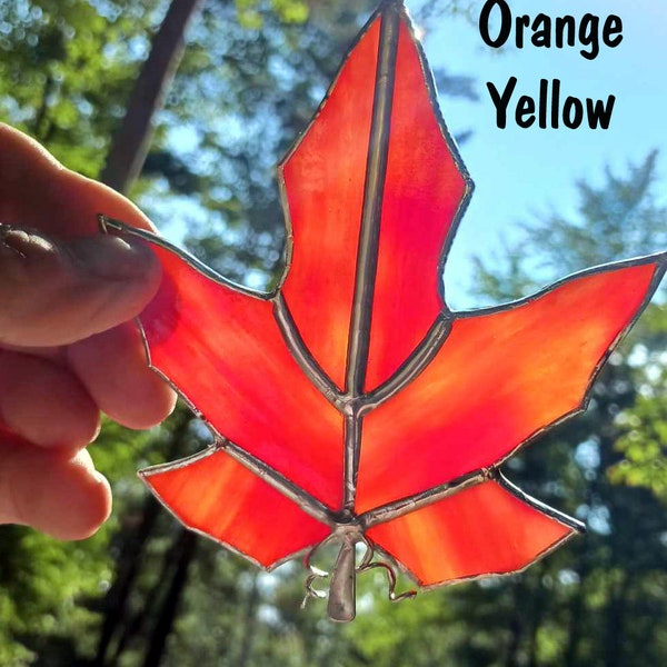 Stained Glass Maple Leaves Suncatcher //  Orange Yellow, 2 Tone - Orange Red, Yellow, Green, or Orange Maple Leaves. Leaf Window Art.