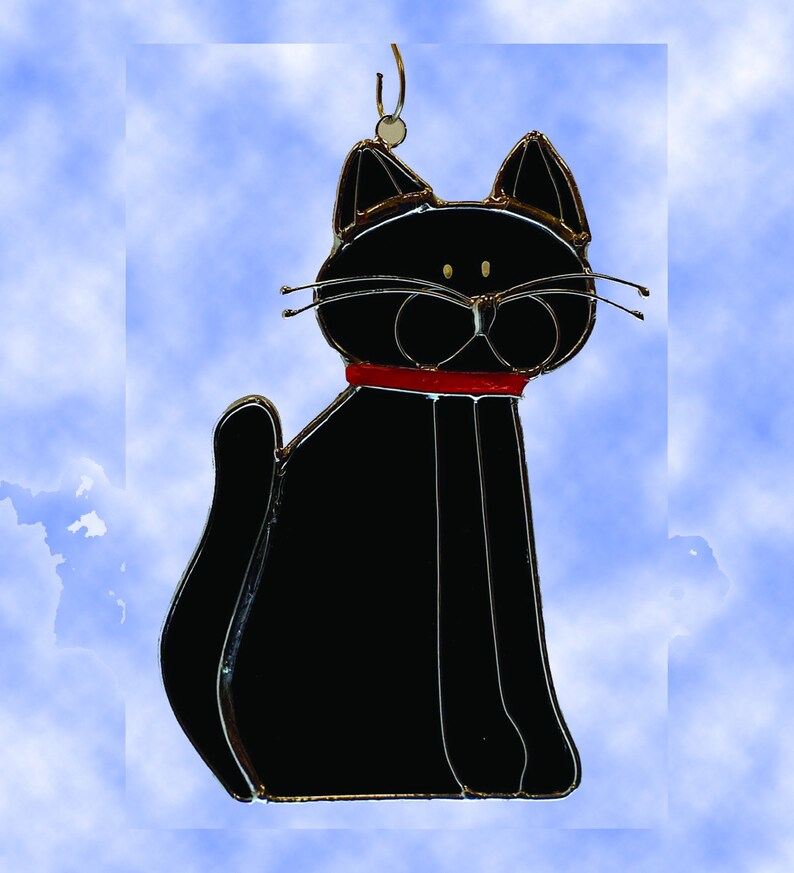 Stained Glass Sitting Cat Suncatcher // Tan Black Very Etsy
