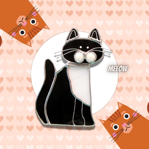Stained Glass Sitting Cat Suncatcher // Tan Black Very Etsy