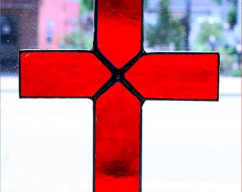 Stained Glass Cross Suncatcher,  Red, Blue, Light Green, Orange and White, Tan, White, Yellow