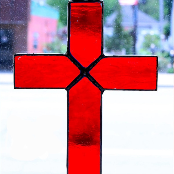 Stained Glass Cross Suncatcher,  Red, Blue, Light Green, Orange and White, Tan, White, Yellow