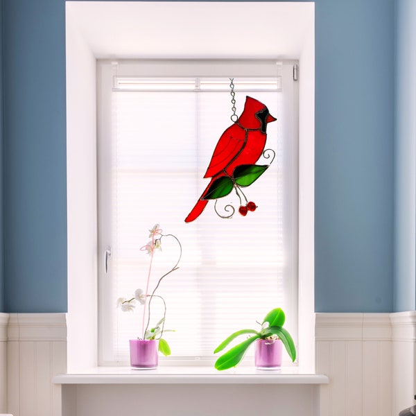 Stained Glass Red Cardinal Suncatcher, with Green Leaves and Red Cherries. Hand Made in Michigan.