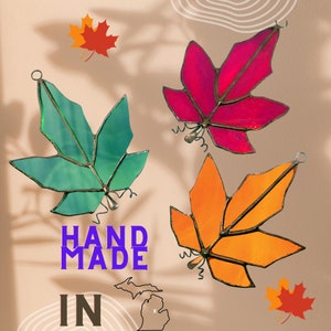 Stained Glass Maple Leaves Suncatcher //  2 Tone - Orange - Red or Yellow - Orange, Yellow, Green, or Red Maple Leaves. Leaf Window Art.