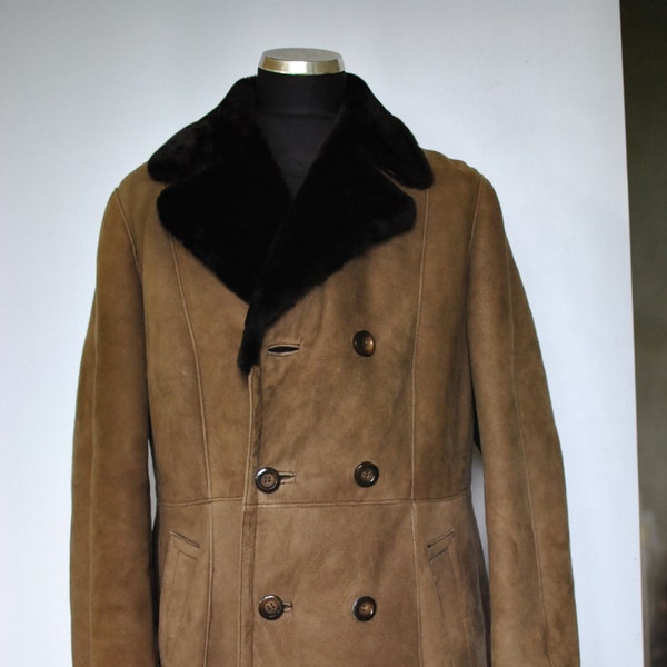 Manteau, parka en cuir de peau Vintage parka homme en cuir Suède avec des moutons... (060)