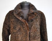 Vintage ASTRAKHAN FUR coat with MINK fur collar , full length fur coat (513)