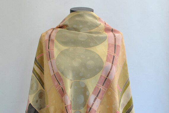 Vintage HANDMADE PRINTED SILK scarf , big size han