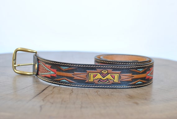 Vintage Men's leather belt , handmade embossed lea
