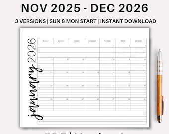 Nov Kalender + 2026 Monatskalender | Querformat Liniert & Unliniert | 8,5x11 | LANDSCHAFT | Druckbare PDF | Sofortiger Zugriff