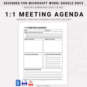 May include: A black and white printable 1:1 Meeting Agenda template for Microsoft Word and Google Docs. The agenda includes sections for general check-in topics, updates and progress, feedback exchange, goal setting and development, upcoming priorities and deadlines, and open discussion and wrap-up notes.