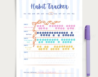 Habit Tracker Template, Blue and Orange, Summer Template,