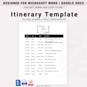 May include: A black and white printable itinerary template with the title "The Itinerary" and the text "Big Life Goes Here". The template includes columns for date, day, time, and activity. The template is designed for Microsoft Word and Google Docs and is printable as a PDF.