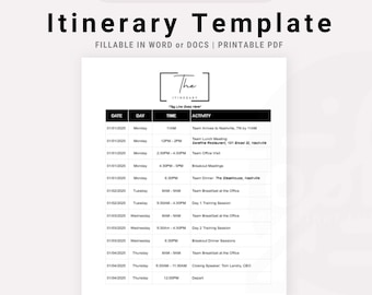 Itinerary Printable Template for Word | Google Docs, Itinerary Template Printable, Google Docs Itinerary, Word Itinerary, Printable Agenda