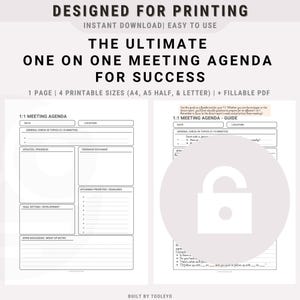 May include: A black and white printable agenda template for one-to-one meetings. The template includes sections for general check-in topics, updates and progress, feedback exchange, goal setting and development, upcoming priorities and deadlines, and open discussion. The text "1:1 Meeting Agenda" is at the top of the page.