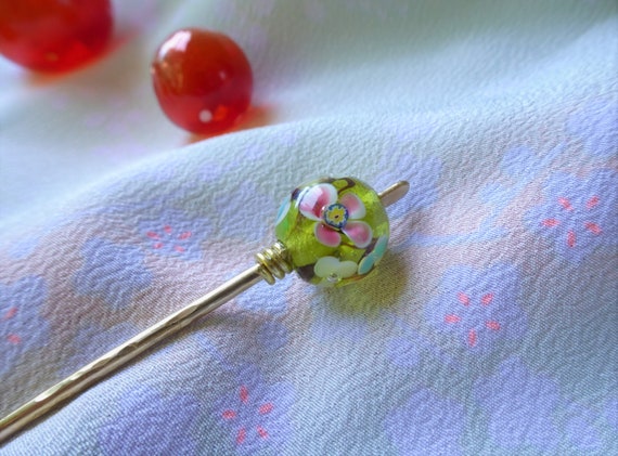 Chartreuse Tonbo Dama Kanzashi Greenyellow Hair Pin Etsy