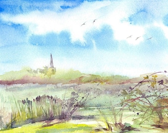 View of church from wetland, Original watercolour painting inspired by views from Attenborough Nature Reserve, Nottinghamshire landscape,