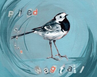 Pied Wagtail, Original bird painting in watercolour and mixed media, watercolor