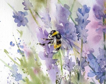 Bumblebee on lavender, original watercolour painting on paper