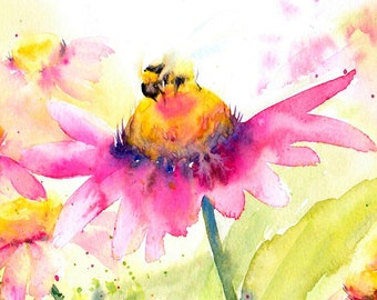 Bee on echinacea, cheerful original watercolour painting in a loose style