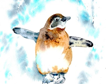 Penguin painting, original watercolour art, Framed