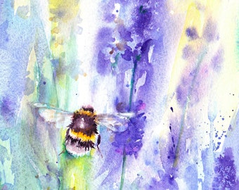 Bumblebee on lavender, original bee painting, Framed, ready to hang, watercolour, watercolor