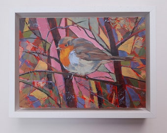 European robin painting, framed original mixed media artwork, bird painting