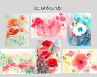 Poppy Card, Set of poppy cards,  Blank Greetings Card, Watercolour, Watercolor, Poppy painting, Poppy Watercolour, floral cards