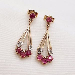Vintage 9ct Gold Pair of Ruby and Diamond drop earrings