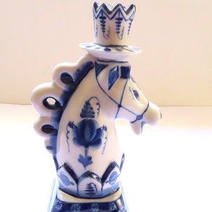 Gzhel 200 years traditional Russian 1990s Russian Hand Made Horse Candlestick White and Blue, Height 7"