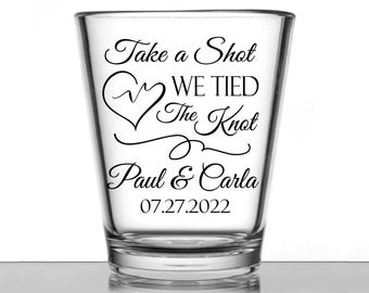 Personalized wedding shot glasses, take a shot we tied the knot, wedding favors for guests, custom shot glasses, personalized wedding favors