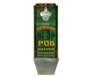 Wood Wall Mounted Bottle Opener - Vintage Irish Pub – Custom Round Top Plaque with Cap Catcher